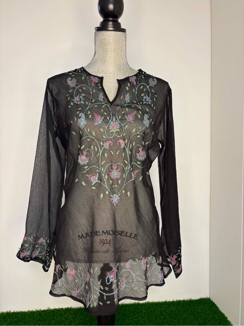 Majora Black Sheer Embroidered Long-Sleeve Blouse